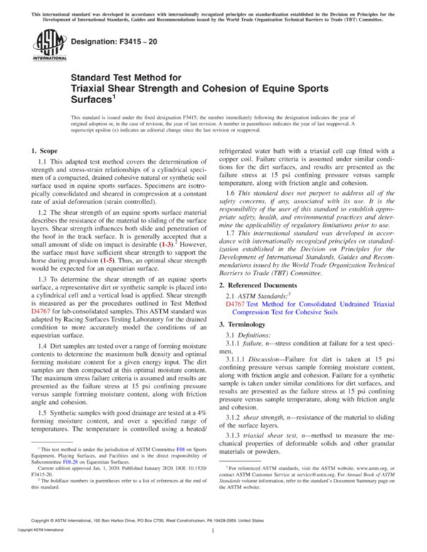 ASTM F3415-20 马运动表面三轴剪切强度和粘聚力的标准试验方法