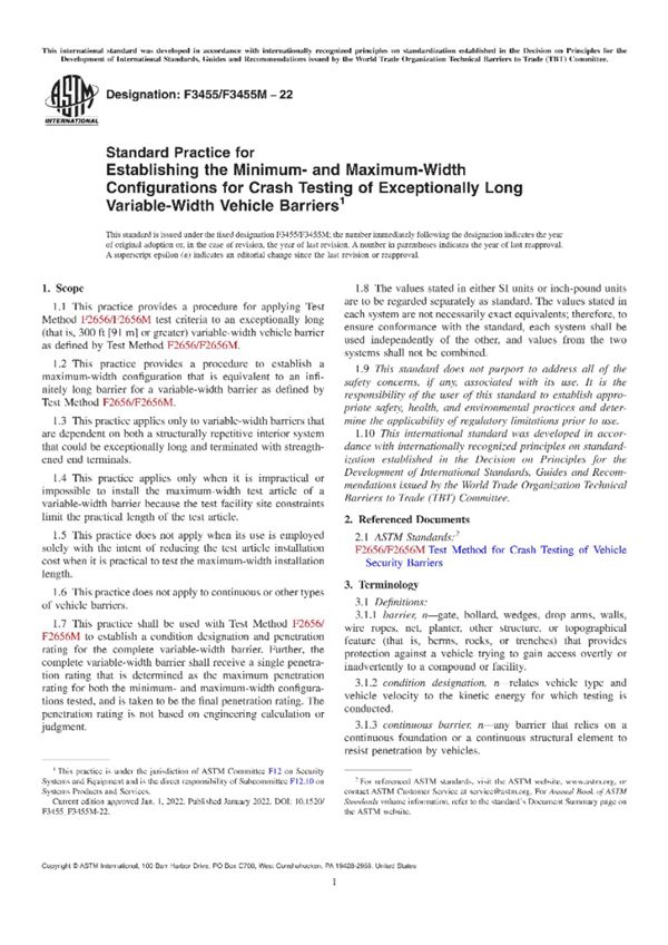 ASTM F3455 F3455M-22 确定超长可变宽度车辆护栏碰撞试验最小和最大宽度配置的标准实施规程