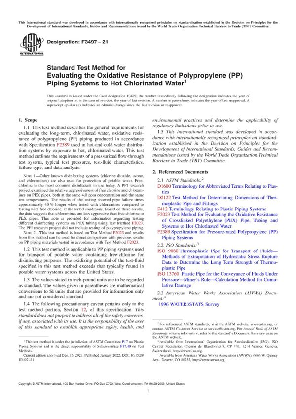 ASTM F3497-21 评估聚丙烯(PP)管道系统对热氯化水的抗氧化性的标准试验方法