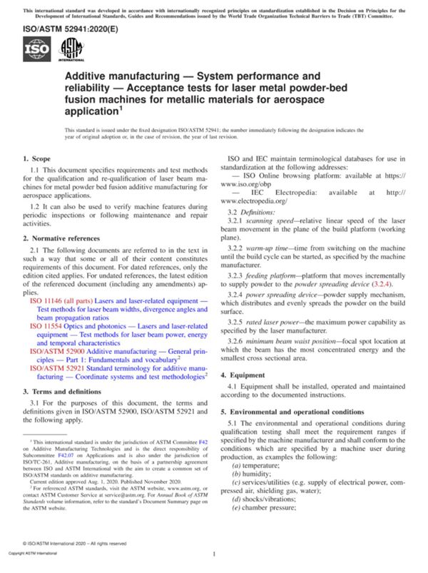 ISO ASTM 52941-2020 增材制造系统性能和可靠性航空航天用金属材料激光-金属粉末床熔合机验收试验