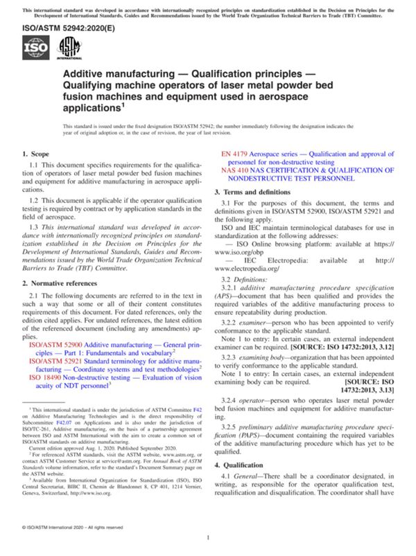 ISO ASTM 52942-2020 添加剂制造 鉴定原则 航空航天用激光金属粉末床熔合机和设备的合格机器操作员
